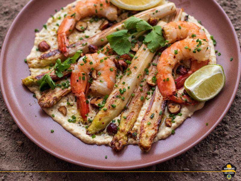 recette de gambas et accompagnement aux Asperges des Sables des Landes iGP et Label Rouge